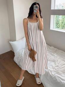 DAZY Striped A-Line Long Strap Women's Nightgown Pajama - Coffee Brown - View 3