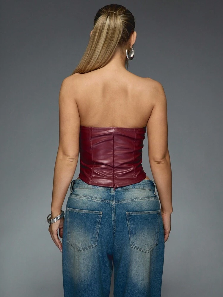 MISSGUIDED Corpete Cropped Estilo Bustier de Couro Sintético, Sem Alças, para Festa, Balada, Noite, Sem Mangas, Moda Casual Contemporânea, Moderna, Noite, Ajuste Slim, Zíper nas Costas, Natal