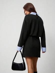 Hanevo 女式有领条纹拼接长袖运动休闲学院风连衣裙 - 黑色 - 查看 2