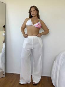 Nezia Cruz Women's Summer Country Concert Going Out Boho Beach Vacation Basic Minimalist Washed 100% Cotton White Pants Curved Hem Pants, Fall Women Clothes - White - View 1