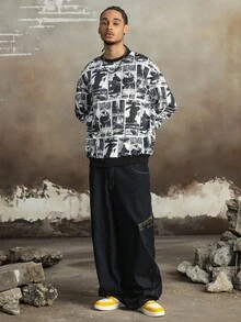 BATMAN X SHEIN 男士休闲时尚街头拼接印花落肩宽松套头卫衣，春秋季长袖上衣 - 黑色 - 查看 8