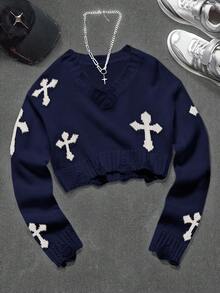 青少年女孩休闲十字图案做旧短款毛衣，秋季 - 藏蓝色 - 查看 5