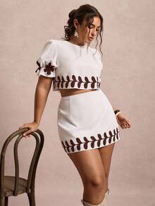 Freevana 大码女式休闲短袖上衣和迷你裙两件套 - 棕色 - 查看 1