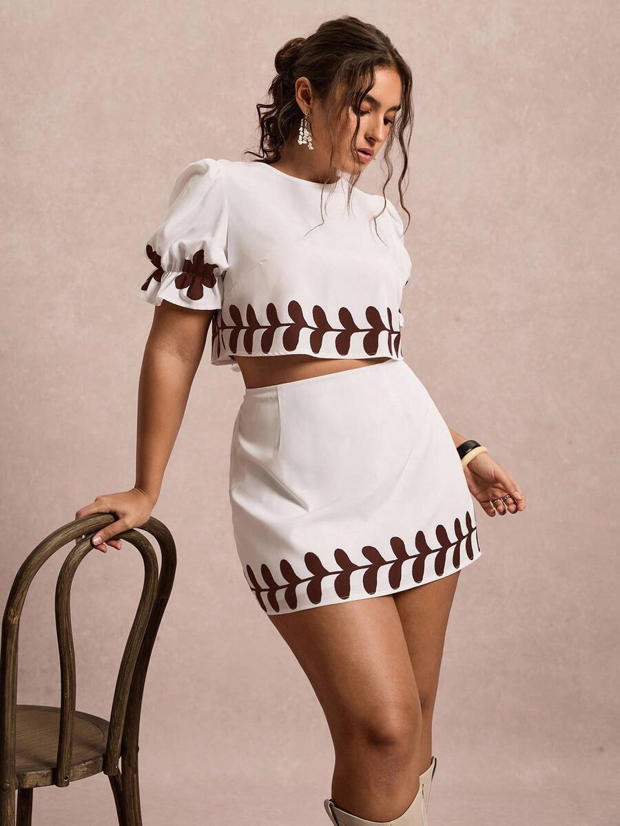 Freevana 大码女式休闲短袖上衣和迷你裙两件套 - 棕色 - 查看 1