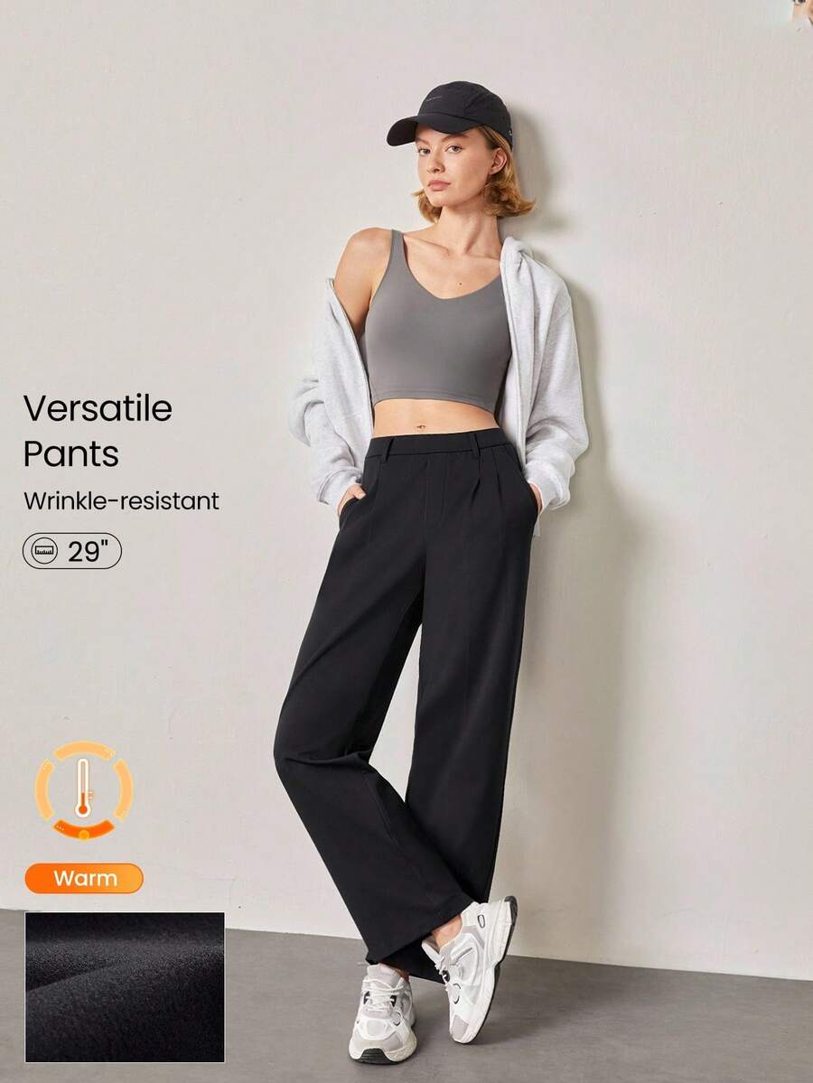 GLOWMODE 29" Warm Fleece Versatile Wrinkle-Resistant Stretchy Easy Pull-On Tailored Wide Leg Work Pants With Side Pockets Daily Casual Office Winter - Black - View 1