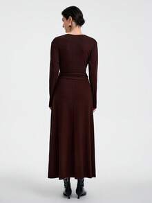 Aalyst Women's Elegant High-End Dark Brown Autumn V-Neck Cinched Waist Maxi Dress, Formal Office Business Casual Wedding Guest Afternoon Tea Dining Long Sleeve Dress - Mocha Brown - View 2