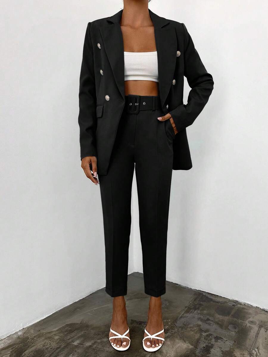 EURMUSE Women's Solid Color Double-Breasted Lapel Long Sleeve Fashion Suit Set - Black - View 1