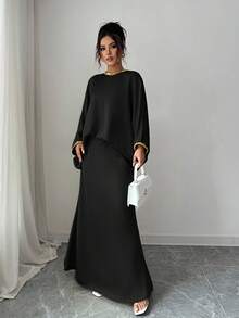 Elenzga 女士圆领蝙蝠袖衬衫和鱼尾中长裙优雅两件套 - 黑色 - 查看 5