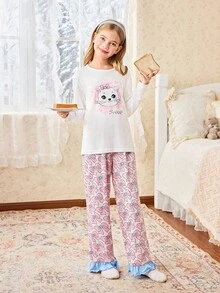 SHEIN Girls Cute Cat Print Short Sleeve Top And Bow Print Long Pants Pajama Set - Pink - View 3