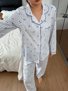 SHEIN 女士优雅条纹爱心翻领印花长袖上衣和裤子睡衣套装，带口袋，梭织面料睡衣，秋冬服装