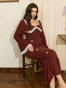Côtesoire 法式优雅蕾丝拼接宽松腰身睡裙，复古家居服，冬季款 - 棕色 - 查看 5