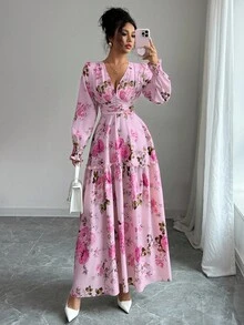 Elenzga Váy midi tay đèn lồng nhún bèo họa tiết hoa nhỏ xinh dành cho nữ, thiết kế lãng mạn kiểu Pháp, eo tôn dáng, cổ chữ V gợi cảm, đa năng cho các buổi hẹn hò, tiệc tùng, mặc nhiều lớp, mùa xuân/thu - Hồng - Xem 3
