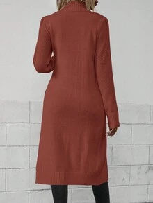 SHEIN LUNE 女式休闲纯色粗针织开衩下摆毛衣，秋冬 - 紅木色 - 查看 2