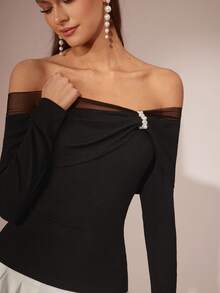 Enchnt Maglia a maniche lunghe da donna in maglia aderente, con decorazione in perle, patch in rete, scollo a spalle scoperte, adatta per feste, appuntamenti, vacanze, laurea, uscite, Ognissanti, Natale, autunno, Capodanno