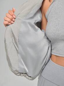 Menodora SHEIN Sport Chaqueta casual con capucha y cremallera de unicolor para mujeres, ropa de otoño e invierno - Plateado - Ver 6