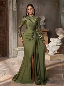 Aureia 优雅奢华灰绿色亮片刺绣拼布弹力针织立领长袖透明褶饰鱼尾裙荷叶边女式正式晚礼服 - 草綠色 - 查看 6