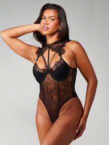 MISSGUIDED 优雅黑色蕾丝吊带泰迪紧身衣，扇形高领钢圈细节，女士晚装贴身衣物，节日礼物 - 黑色 - 查看 4