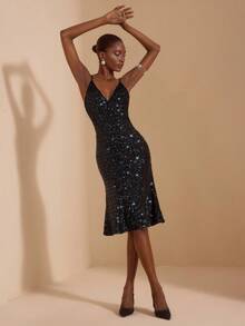 JIAN LASALA Vestido de fiesta con escote en V, tirantes de espagueti, estampado de lentejuelas, malla, bajo de cola de sirena, vestido corto sexy negro con lentejuelas, vestido midi con lentejuelas brillantes, vestido de cóctel brillante, vestido con brillo, vestido midi sin mangas negro con lentejuelas, vestido brillante, vestido de cóctel midi con lentejuelas, vestido de lentejuelas, colección de ropa de lujo y elegante - Negro - Ver 7