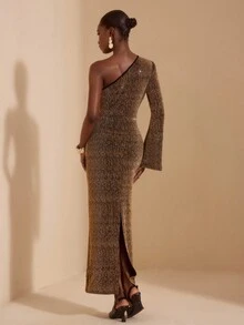 JIAN LASALA 金色闪光针织不对称褶皱单肩开衩长款连衣裙 女士秋季派对连衣裙 单袖连衣裙 单肩连衣裙 优雅金色连衣裙 女士古铜色连衣裙 闪光连衣裙 古铜色优雅连衣裙 奢华时尚服装系列 魅力连衣裙 礼服 亮片连衣裙 长款连衣裙 婚礼宾客 生日礼服 - 黑色和金色 - 查看 2