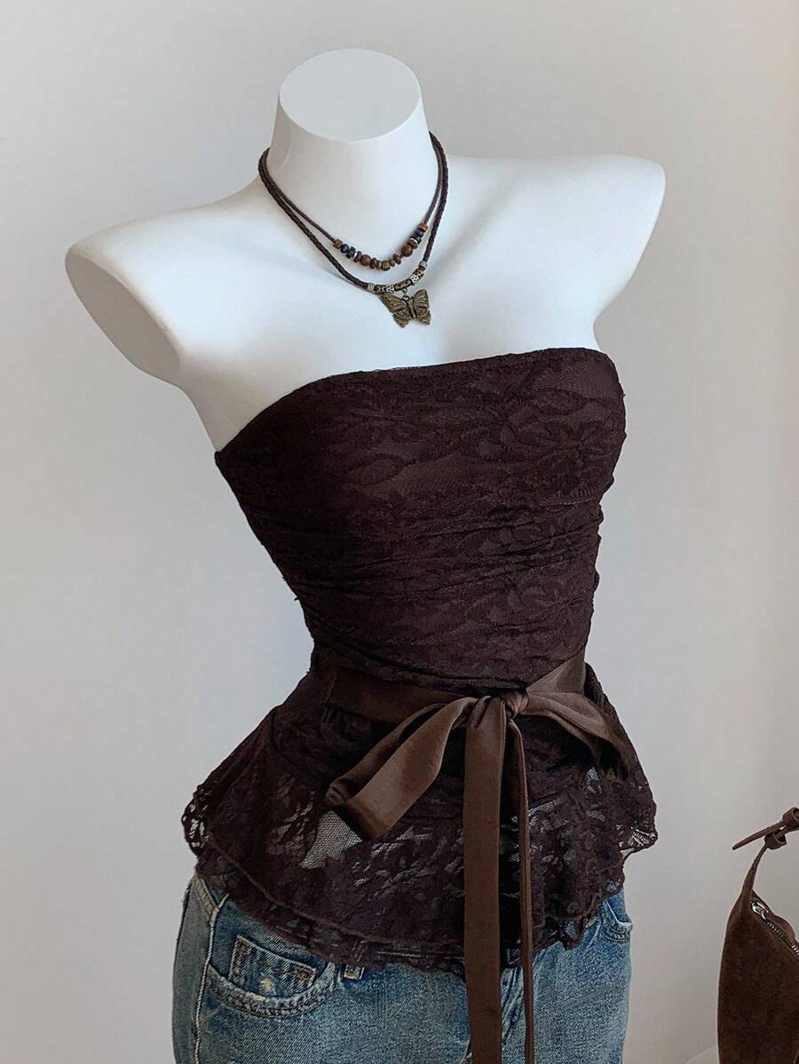 Comfortcana Women's Y2K Knotted Lace Bandeau Top Strapless Ruffled Top,Brown Top - Brown - View 1