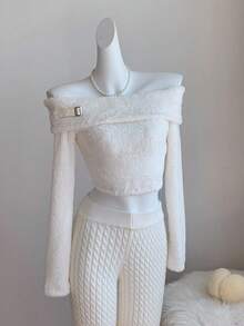 Comfortcana Women's Casual Fluffy Off Shoulder Long Sleeve T-Shirt, Autumn/Winter