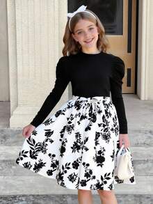 SHEIN Tween Girls' Casual Everyday Knit Ribbed Patchwork Floral Bowknot Long Sleeve Dress, Suitable For Outings, Vacations, And Daily Activities Fall Winter - Black - View 2