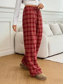SHEIN Tall 女式系带格子直筒宽松休闲裤 - 紅色 - 查看 4