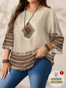 EMERY ROSE Plus Size Women Casual All-Over Print Round Neck Loose 3/4 Sleeve Shirt, ,Flower/Spring/Summer/Vacation Fall - Khaki - View 5