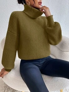 Celisse Sweater Pullover Kasual Longgar Lengan Panjang Kerah Tinggi Bahu Jatuh Warna Polos untuk Wanita, Musim Gugur/Dingin - Perunggu - View 4