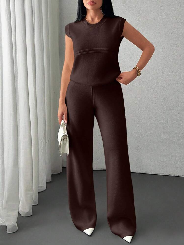 EURMUSE Two Pieces Sleeveless Knit Set Featuring Minimalist Crew Neck Top And High-Waisted Ribbed Pants In Soft Ivory - Brown - View 5