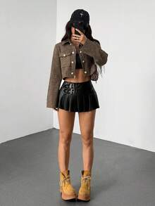 SHEIN Unity Jaket Wanita Wol Gaya Retro Streetwear Terbaru Musim Gugur/Dingin, Dekorasi Metal Kelas Atas - Coklat - View 3