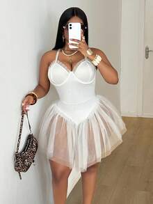 Maweii 大码女装春夏新年白色蕾丝性感镂空系带前卫法式休闲年轻时尚弹力针织百搭舒适打底连衣裙，性感社交活动/假日装扮，黑色正式连衣裙，年轻优雅性感拼接上衣，性感假日/社交装扮，白色衬衫，白色连体裤，白色文胸，修身透视露肩纯色 - 白色 - 查看 6