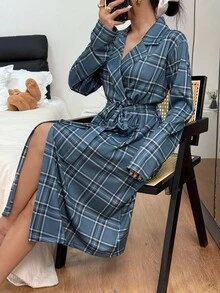 SHEIN Plaid Print Long Sleeve Belted Robe, Autumn, Cozy Outfit