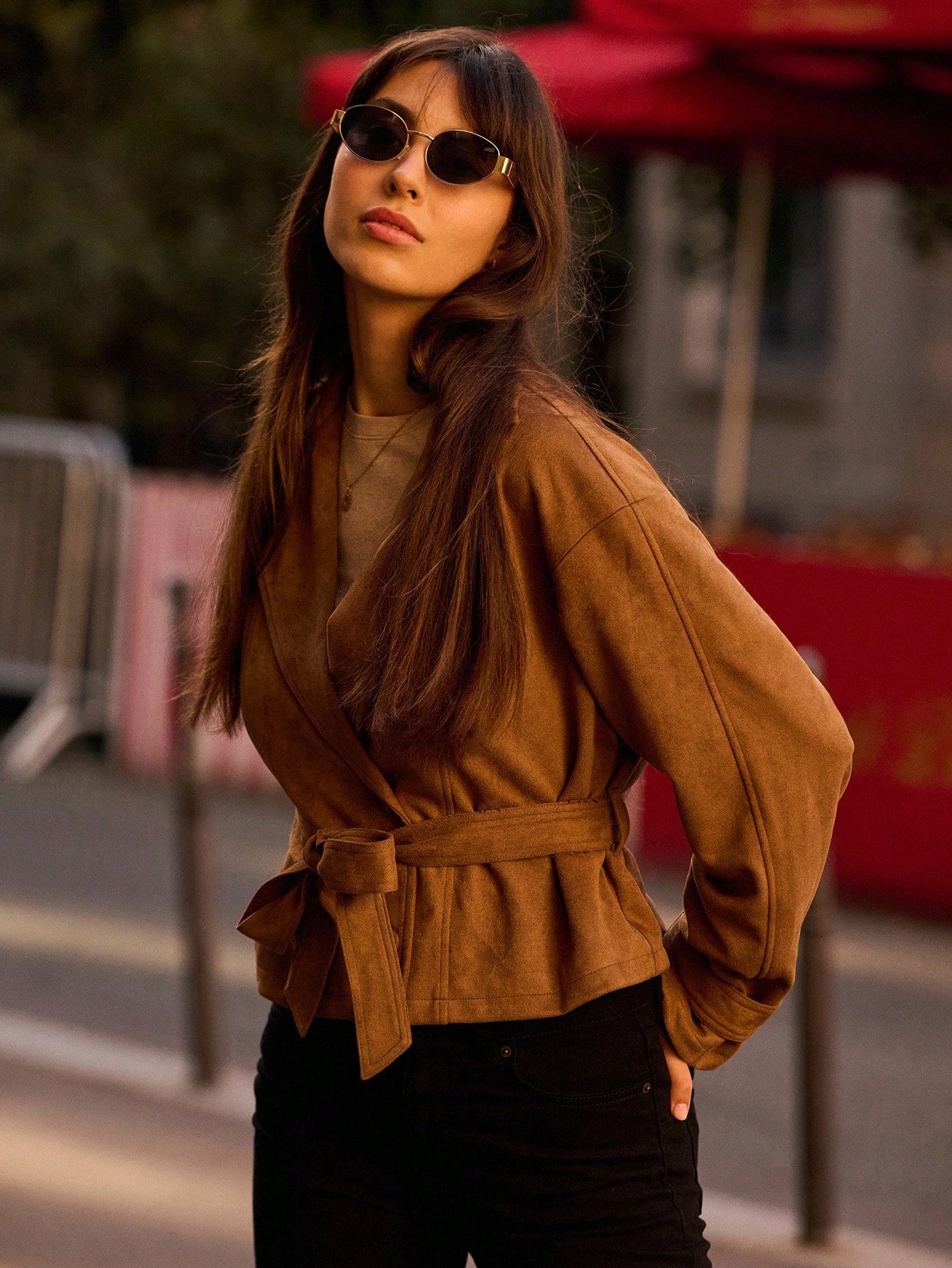 Veste ample  camel avec ceinture, vêtements pour femmes en automne-hiver