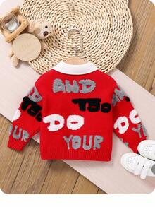 SHEIN Baby Boy/Girl Minimalist Letter Pattern Knit Soft V-Neck Long Sleeve Cardigan Sweater, Casual & Fashionable For Indoor & Outdoor, Autumn/Winter