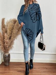 EMERY ROSE Sweater Wanita Modis dengan Warna Kontras, Leher Bulat, Lengan Kelelawar, dan Hem Panjang Asimetris - Biru - View 5