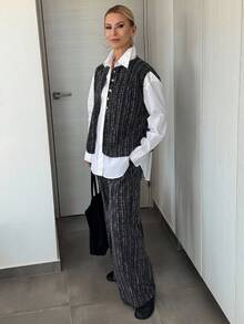 Vivie Lora 女士秋季单排扣马甲阔腿裤休闲宽松两件套家居服套装 - 黑色 - 查看 6