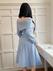 Feyla 女款露肩純色長袖優雅針織洋裝，舒適秋冬款 - 藍色 - 查看 2
