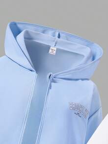 1 套青少年女孩休闲时尚浅蓝色拉链长袖连帽衫和配套短裤，春夏 - 淺色水洗藍 - 查看 9