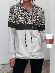 EMERY ROSE Women's Solid Color Leopard Print Patchwork Hooded Long Sleeve Long Sweatshirt - Grey - View 5