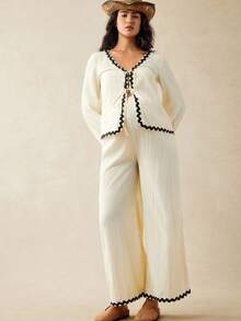 Boho Mama Fall Clothes,Autumn Clothes,Maternity Autumn/Winter Clothes Maternity 2pcs Maternity Ruffled Lantern Sleeve Tie Front Shirt And Adjustable Waist Wide Leg Pants Casual Outfit Pant Set Woman Long Sleeve Pant Set Blouse And Pants Set Pant Suit Two Piece Pant Set Two Piece Outfit - Yellow - View 6