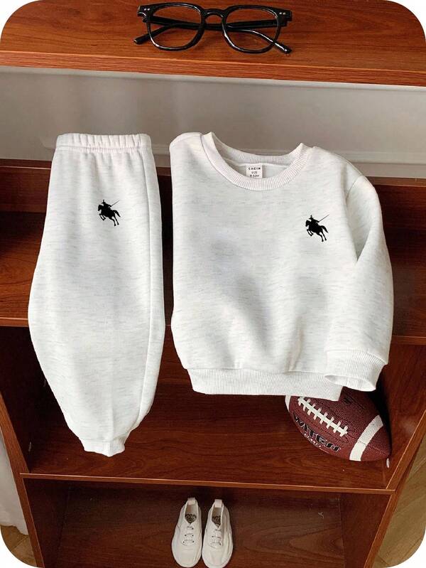 SHEIN 2 Stücke Baby Jungen/Mädchen süßer lässiger Sportanzug mit grauem Buchstaben-Muster, Langarm Kapuzenpullover und Hose, Herbst/Winter