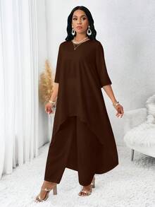 SHEIN Lady 四季秋季女装 白色长袖不对称两件套 女士秋季套装 女士套装 女士服装套装 女士两件套 秋季两件套 返校季 秋季女士套装 白色女士套装 女士服装套装 套装 两件套 婚礼礼服 女士两件套 沙滩装 女士沙滩装 女士沙滩裤 - 摩卡棕 - 查看 5