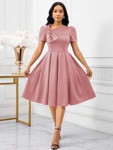 SHEIN Lady Vestido elegante de longitud media con mangas cortas abullonadas, cuello asimétrico y decoración de lazo de unicolor para mujer