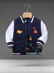 SHEIN Playful Pals Chaqueta reversible con cremallera para niños pequeños con cuello de canalé a rayas de contraste y estampado lindo de oso - Negro - Ver 3