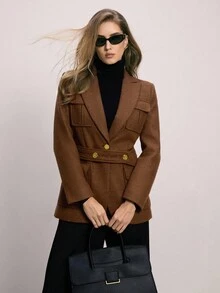 ATUI Studio 女士休闲前扣长袖翻领外套，秋冬季圣诞节新年派对宽松长袖外套，复古风腰带优雅日常休闲外套，圣诞节、新年造型、派对、感恩节，轻松打造时尚百搭造型，休闲百搭商务装，复古韵味，前卫套装 - 駝色 - 查看 1