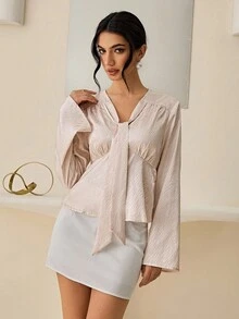 Lyxana 女士基本款长袖衬衫，优雅通勤、办公室和休闲穿着 - 杏色 - 查看 6