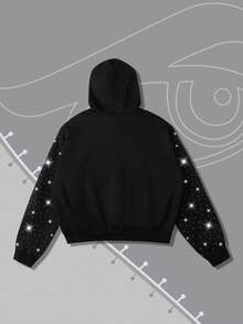 ROMWE MEN Black Jack X ROMWE Men's Black Rhinestone Embellished Zip Up Hooded Sweatshirt, Suitable For Everyday Wear, Autumn/Winter - Black - View 2