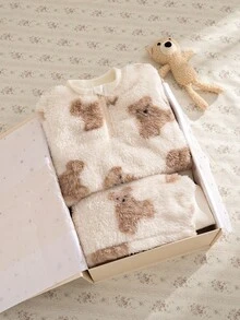 Souflis Souflis 2025秋冬新款法式棕色立领加厚长袖法兰绒套装适合外出居家等各种场合男女宝宝套装 - 棕色 - 查看 2