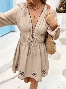 Vivid Eden Women's Vacation Casual Embroidered Lantern Sleeve Dress, Women Vacation Dress, Boho Summer Dress Women, Beige Dresses Women, Tan Dress Women, - Apricot - View 2